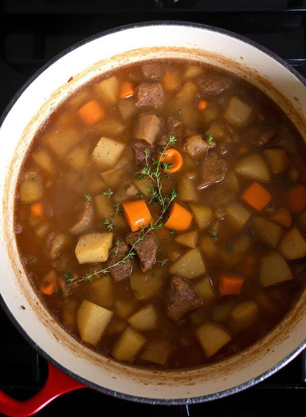 Completed stew in Dutch oven with visible tender vegetables and meat in rich brown sauce, garnished with fresh thyme under warm kitchen lighting