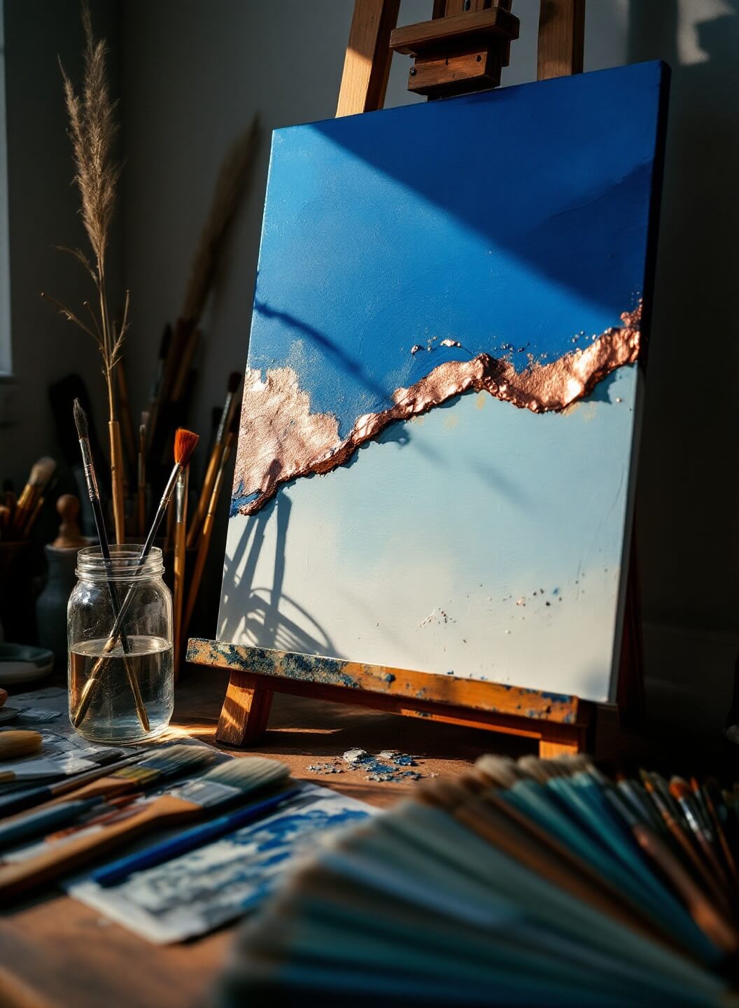 Contemporary home studio with dramatic evening light highlighting a partially completed abstract painting with bold blue and copper hues, artist's tools, and a water jar capturing golden light.