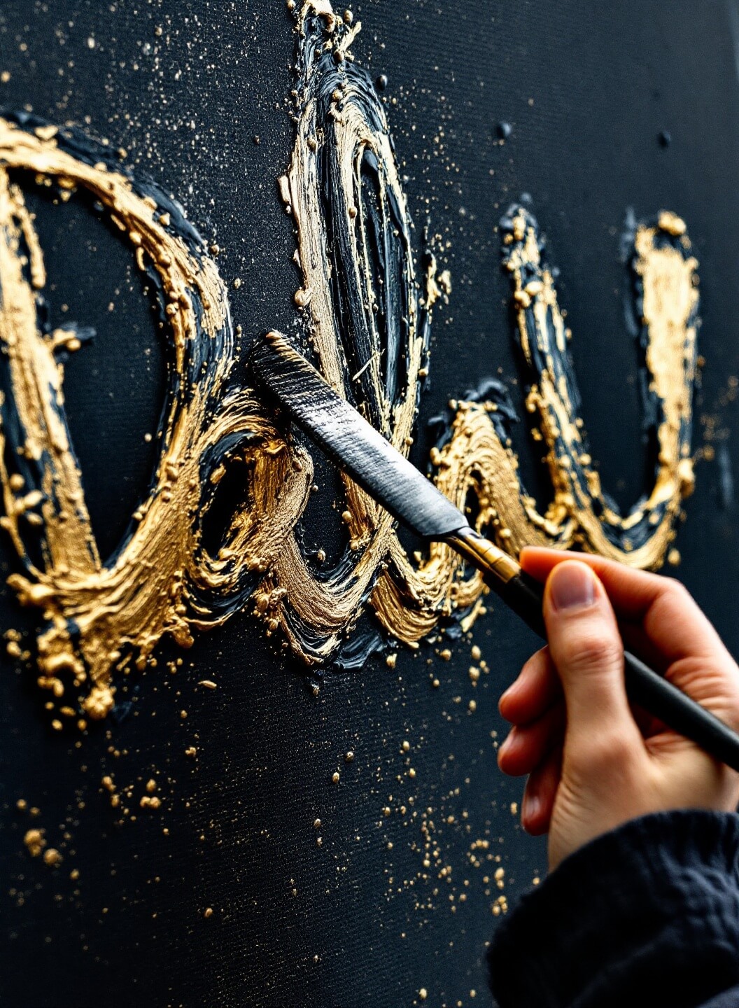 Artist using a palette knife to apply metallic gold paint on a deep navy canvas in a professional studio, with side lighting intensifying the dimensional aspects of the technique.