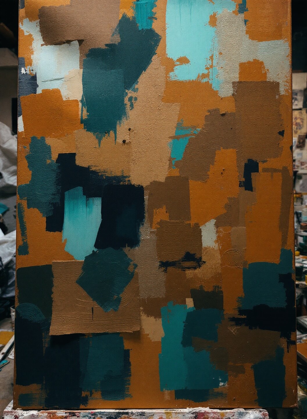 Abstract artwork in progress with layers of burnt sienna and teal shapes, with natural light illuminating canvas texture and showing various brush marks, in a workspace setting.