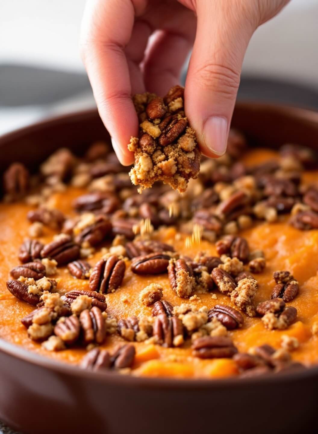 Hands sprinkling pecan and brown sugar mixture over sweet potato filling in a baking dish