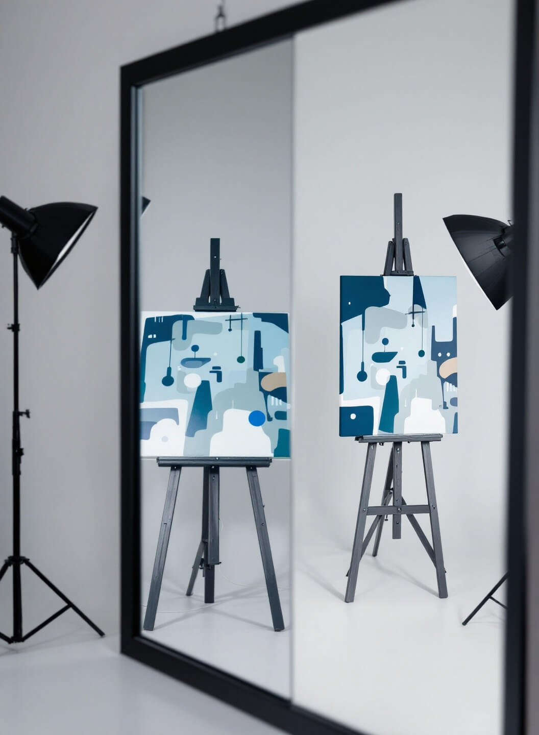 Split-screen setup of a cool-toned geometric abstract painting on a professional easel, viewed both directly and through a mirror reflection with studio lights positioned to avoid glare in a clean, professional studio