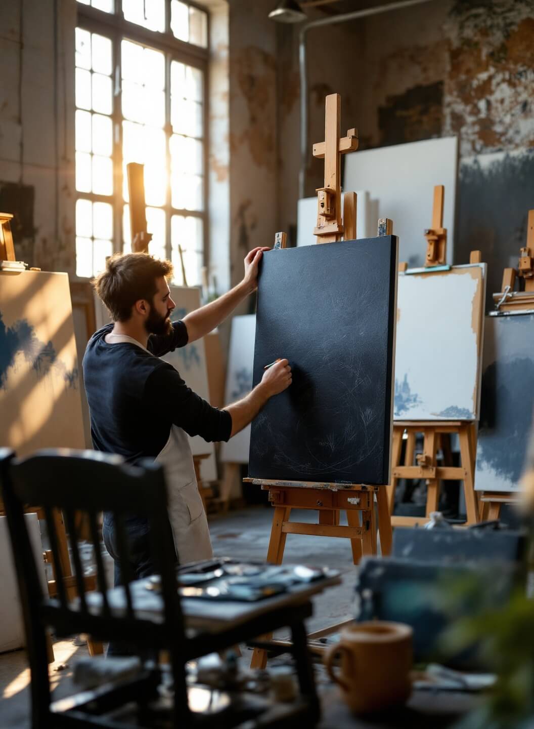 Artist's studio with multiple canvases in various stages, illuminated by afternoon light through industrial windows, center piece rotating on easel and artist's tools arranged in foreground