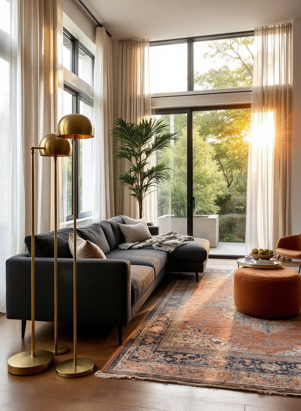 Spacious modern living room bathed in golden hour sunlight through large windows, featuring a charcoal sectional sofa, brass floor lamps, and vintage Persian rugs in muted terra cotta tones.