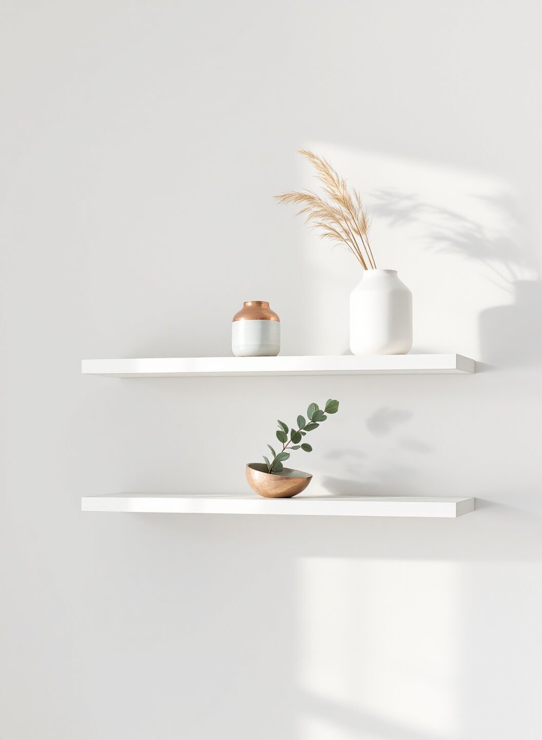 Minimalist white oak bookshelves with a ceramic vase, copper vessel, and pottery bowl in morning light