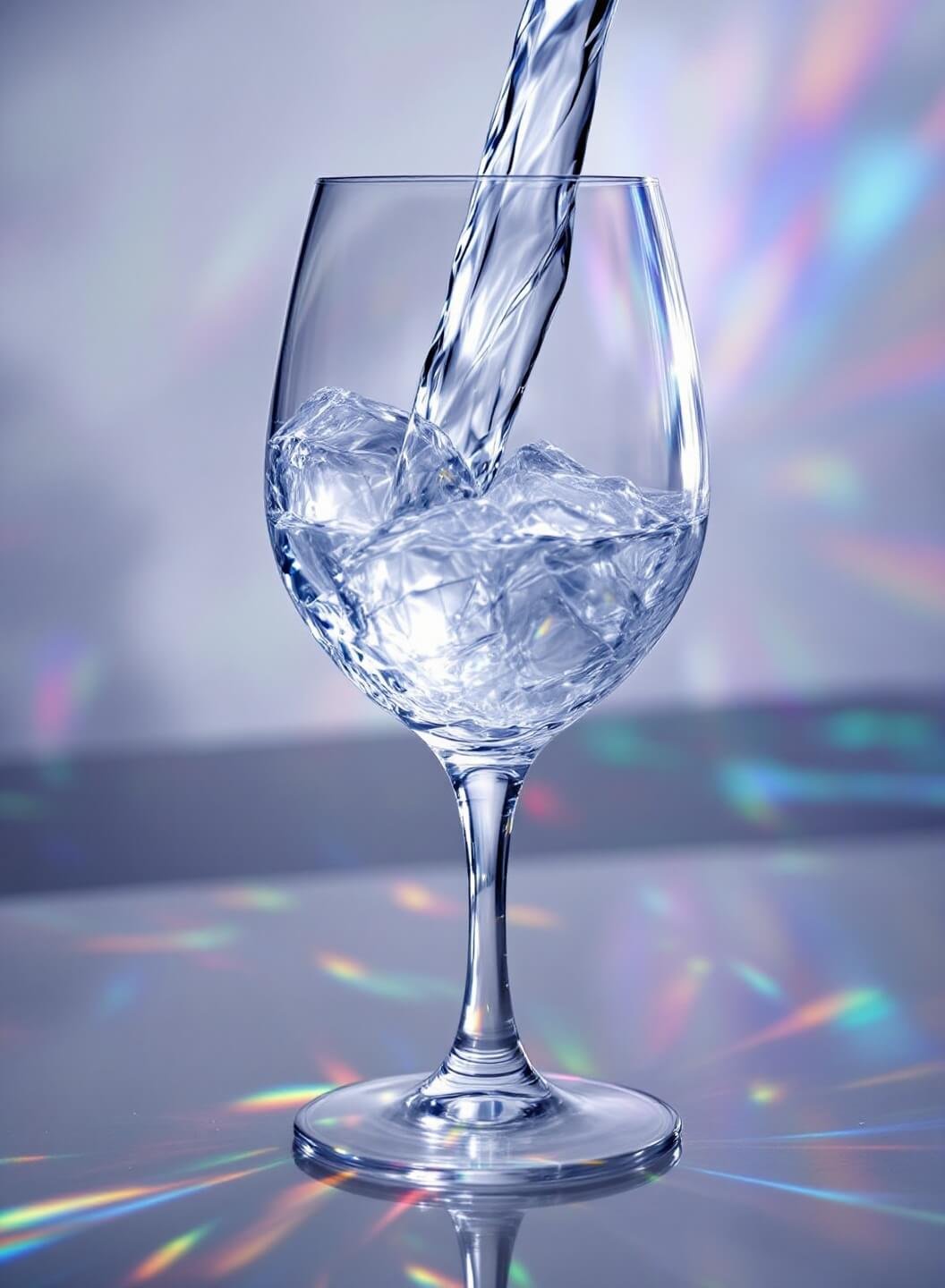 Ice cubes being poured into a stemmed glass on a polished bar surface with light creating prismatic patterns