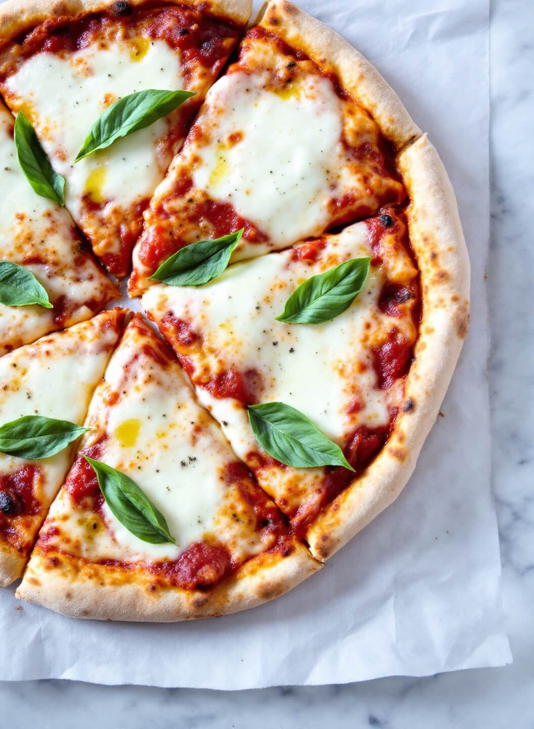 "Steaming margherita pizza with a golden crust, melted cheese, fresh basil leaves and a drizzle of olive oil"