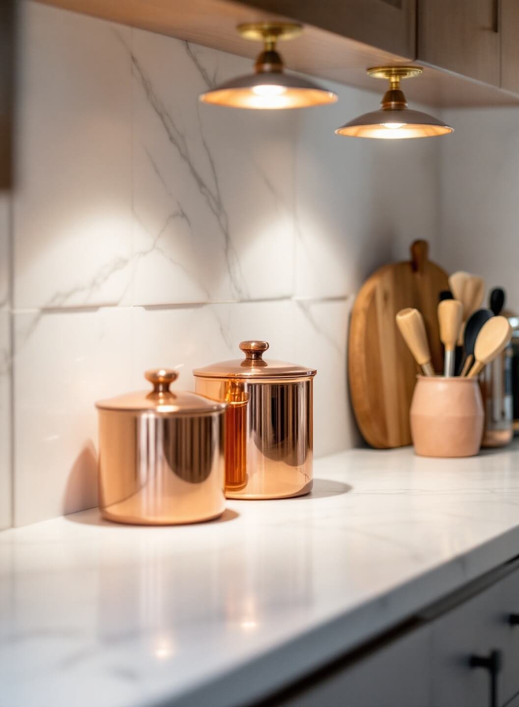 Three copper canisters in different sizes on a white quartz kitchen countertop under professional overhead lighting, with a focus on material textures.