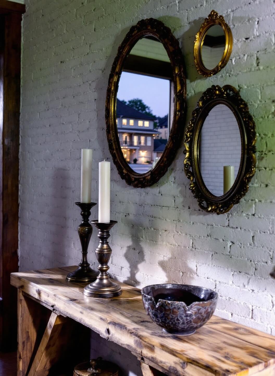 Rustic wooden console table against whitewashed brick wall at twilight, adorned with a tall candle holder, medium artisanal bowl and metallic object, with three vintage mirrors hanging asymmetrically above, shot from a slight elevation creating dramatic shadows.