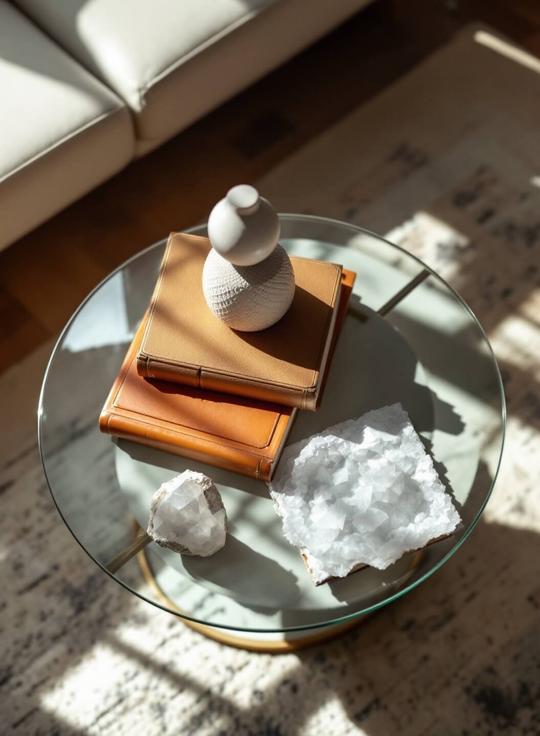 Bird's eye view of a round glass coffee table styled with a tall sculpture, stack of leather-bound books, and a small crystal geode under midday natural light.