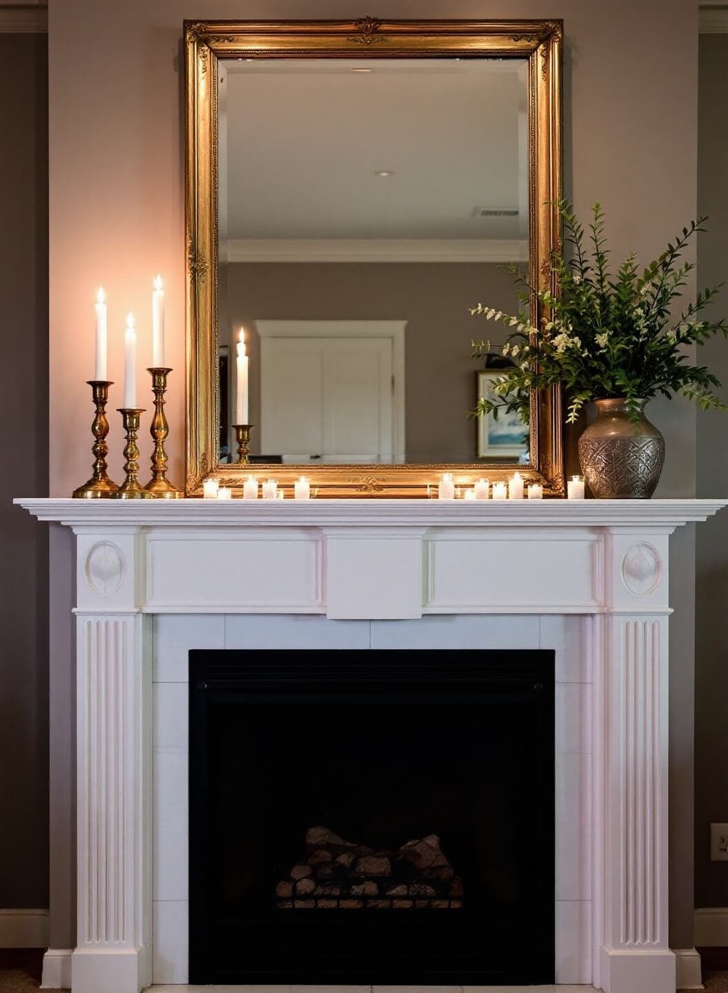 Classical white fireplace with three brass candlesticks and large vintage mirror in evening ambiance, captured with a wide angle lens