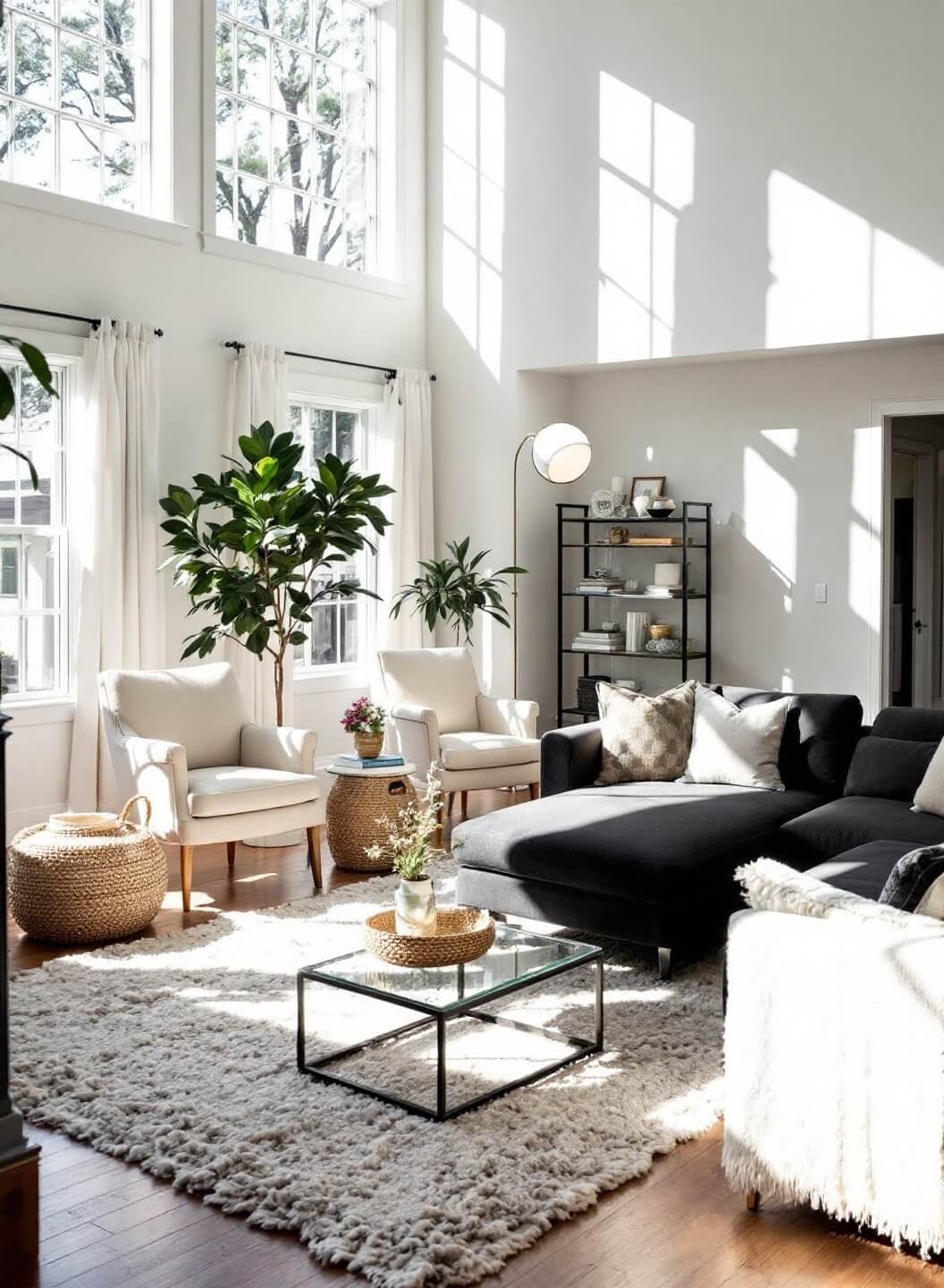 Bright and airy living room with high ceilings, large windows, grey sectional sofa, cream armchairs, wool rug, velvet pillows, and woven baskets, illuminated by afternoon sunlight.