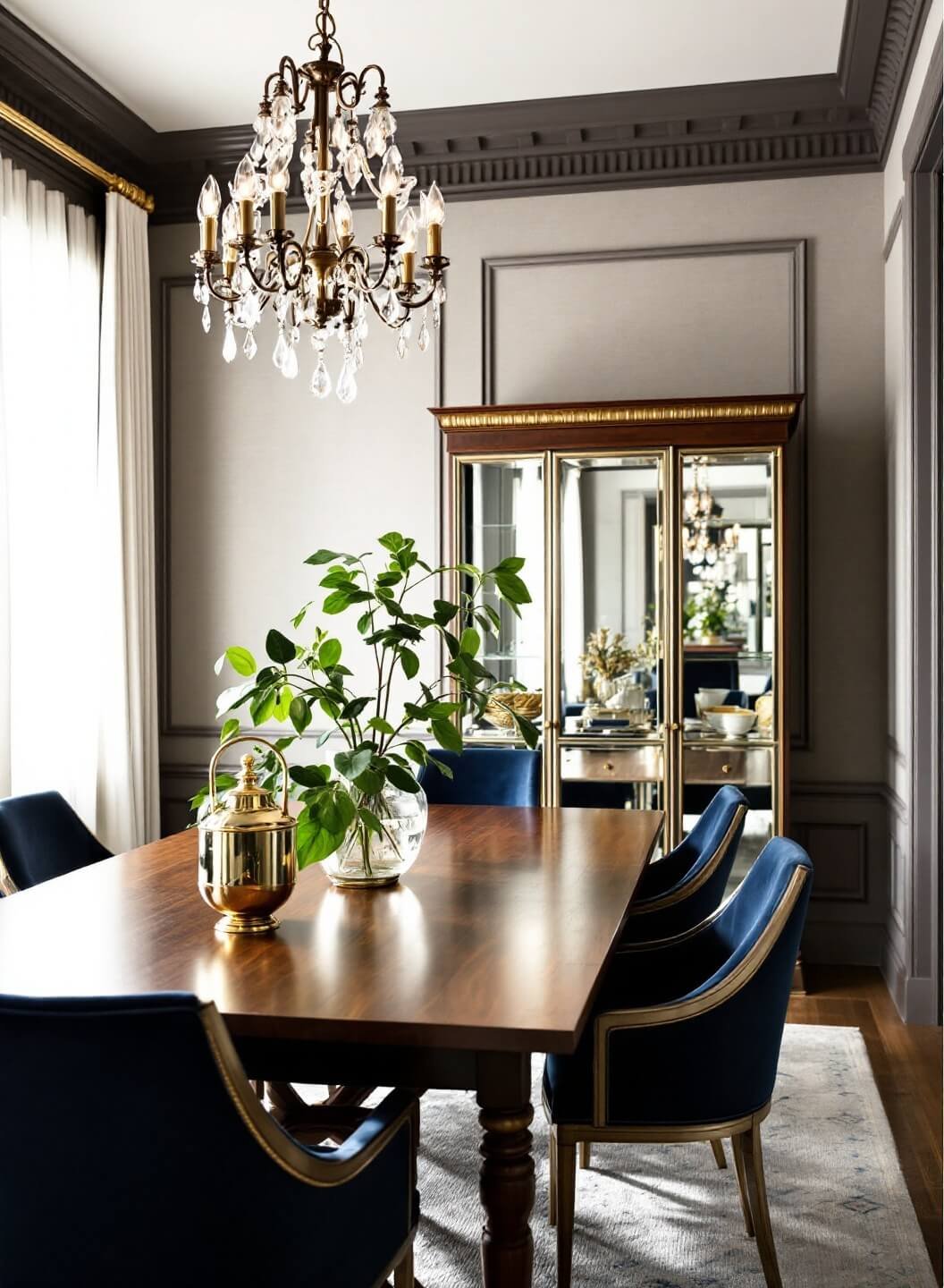 Elegant dining room illuminated by early morning light featuring architectural moldings, vintage crystal chandelier, walnut dining table with navy velvet chairs, and brass accentuated mirror-backed hutch against textured wallpaper