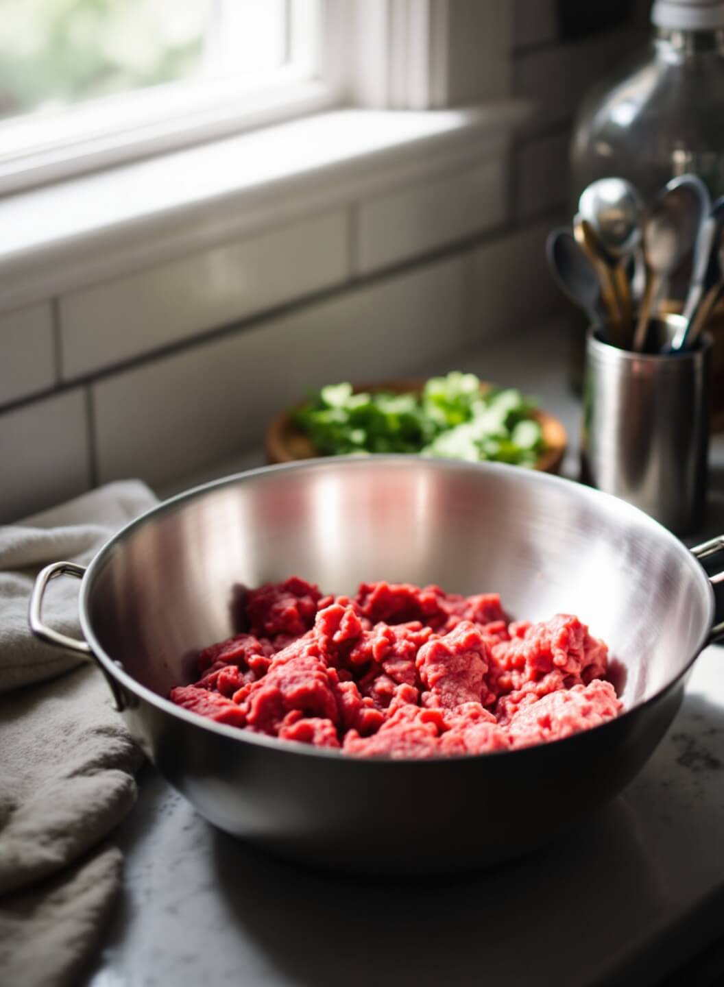 Raw ground beef in steel bowl in kitchen, with measuring spoons and seasonings nearby, sunlight streaming through the window