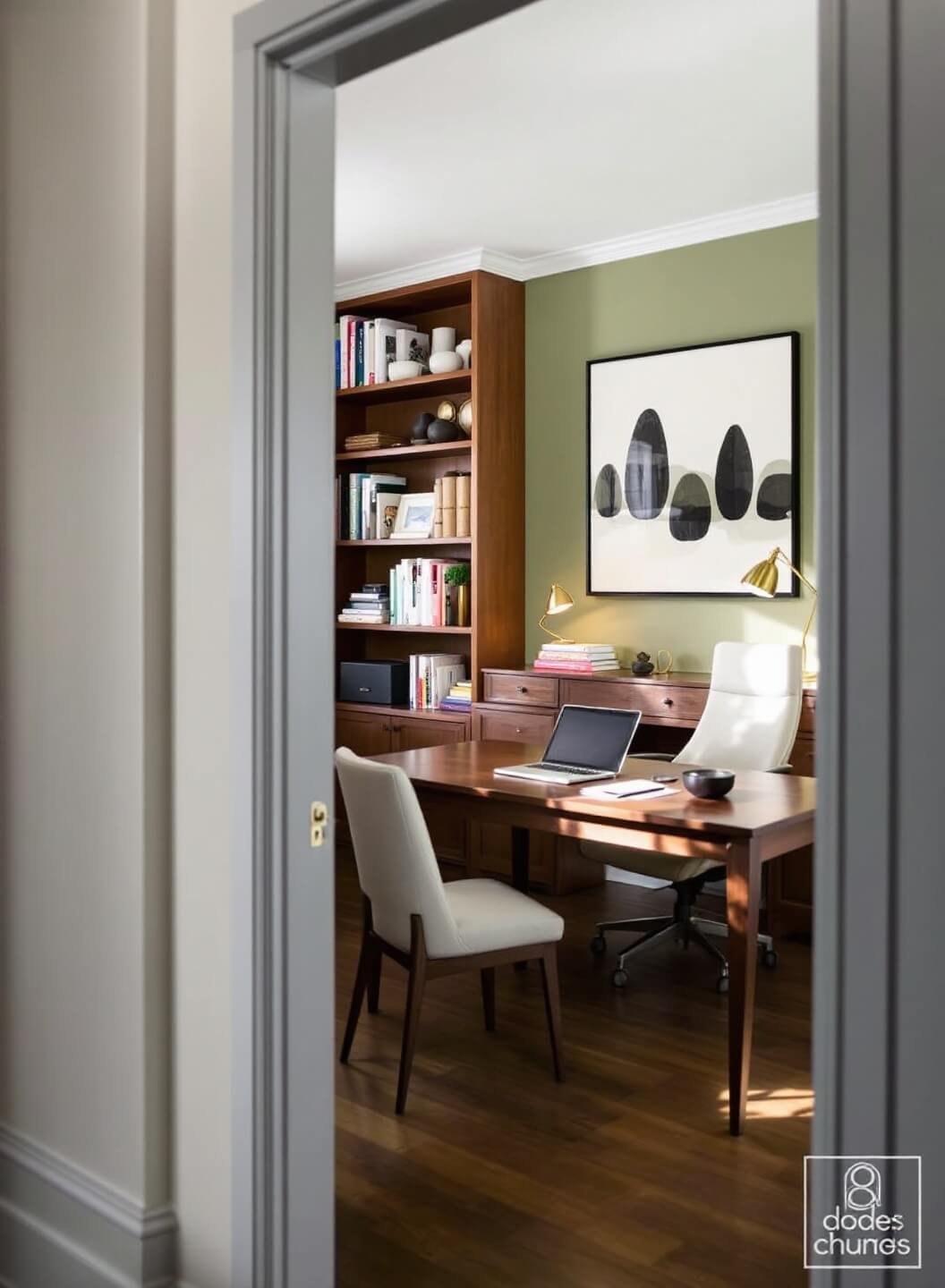 Modern home office featuring sage green walls, walnut furniture, and brass accessories, bathed in mid-morning light and task lighting. Desk and art arrangement provide depth and organization.