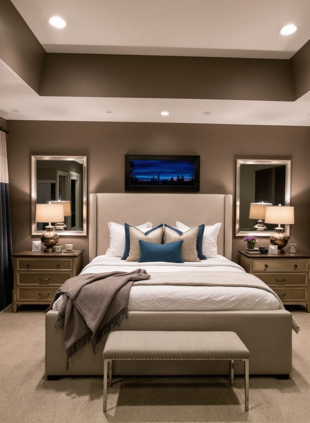 King-sized bed with upholstered headboard, layered linens, and accent pillows positioned between matching nightstands with table lamps, in a spacious master bedroom featuring tray ceiling detail, captured at dusk from an elevated wide-angle viewpoint.