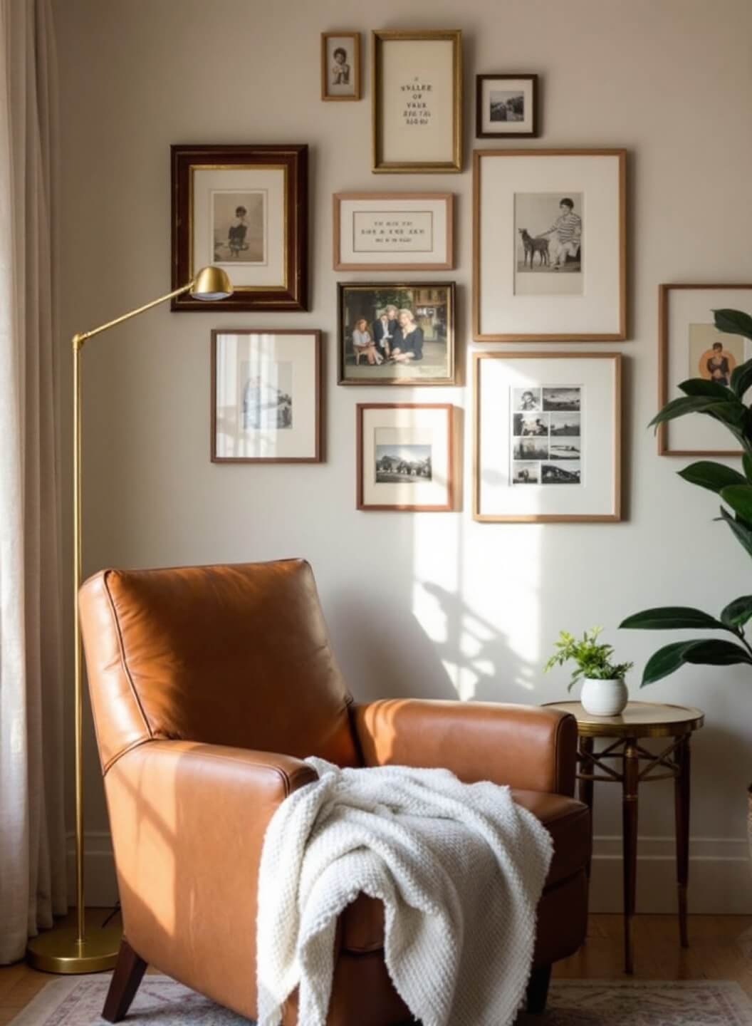 Cozy 8'x8' reading nook with oversized leather armchair, small brass side table, gallery wall of vintage prints, and layered lighting from a floor lamp and hidden LED strips in morning light.