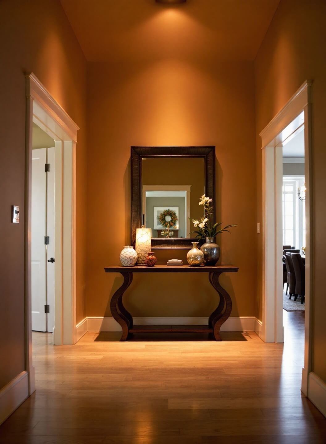 Entry foyer with overhead dramatic lighting, console table set 30 inches from wall, large mirror reflecting light, odd-numbered accessories, low-angle shot showcasing architectural features highlighted by accent lighting.