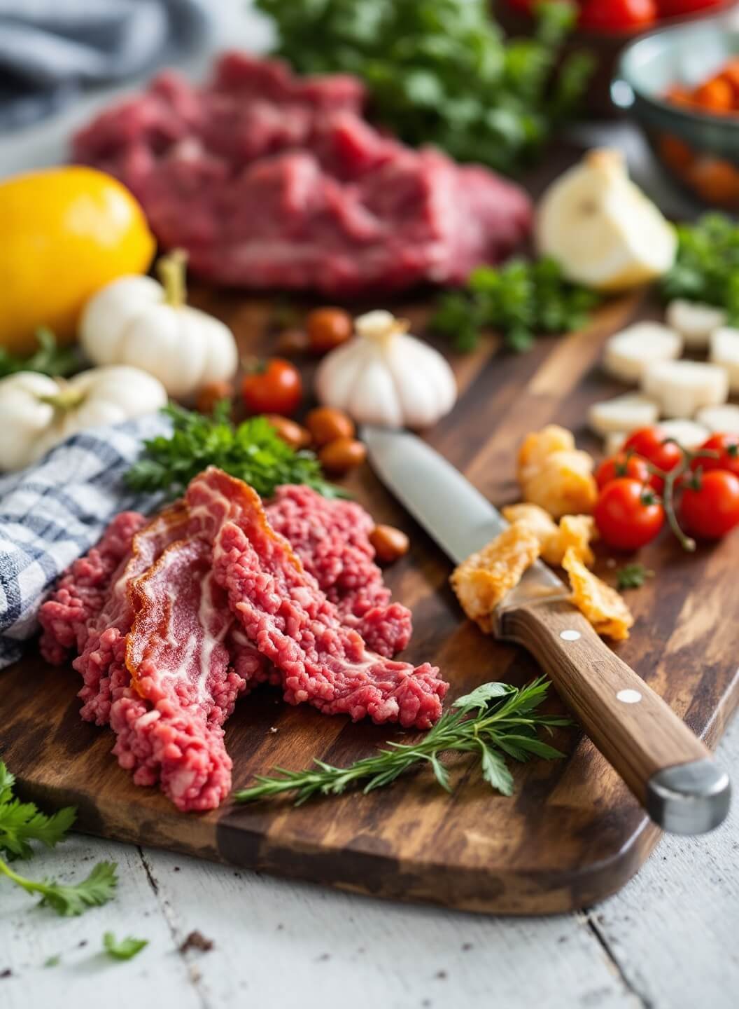 Fresh ingredients including raw ground beef, uncooked bacon strips, herbs, and vegetables on a rustic wooden cutting board