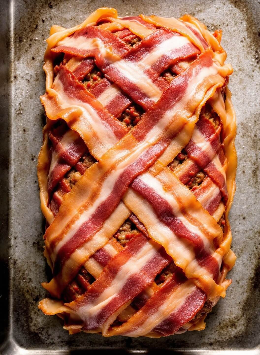 Bacon strips being meticulously wrapped around a meatloaf in crosshatch pattern on a baking sheet under soft lighting