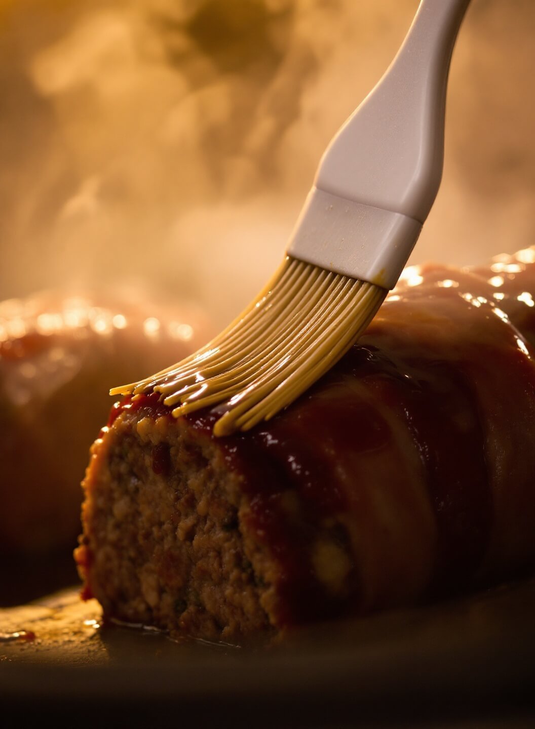 Close-up of glaze being applied on a bacon-wrapped meatloaf in the oven with steam rising and caramelization starting