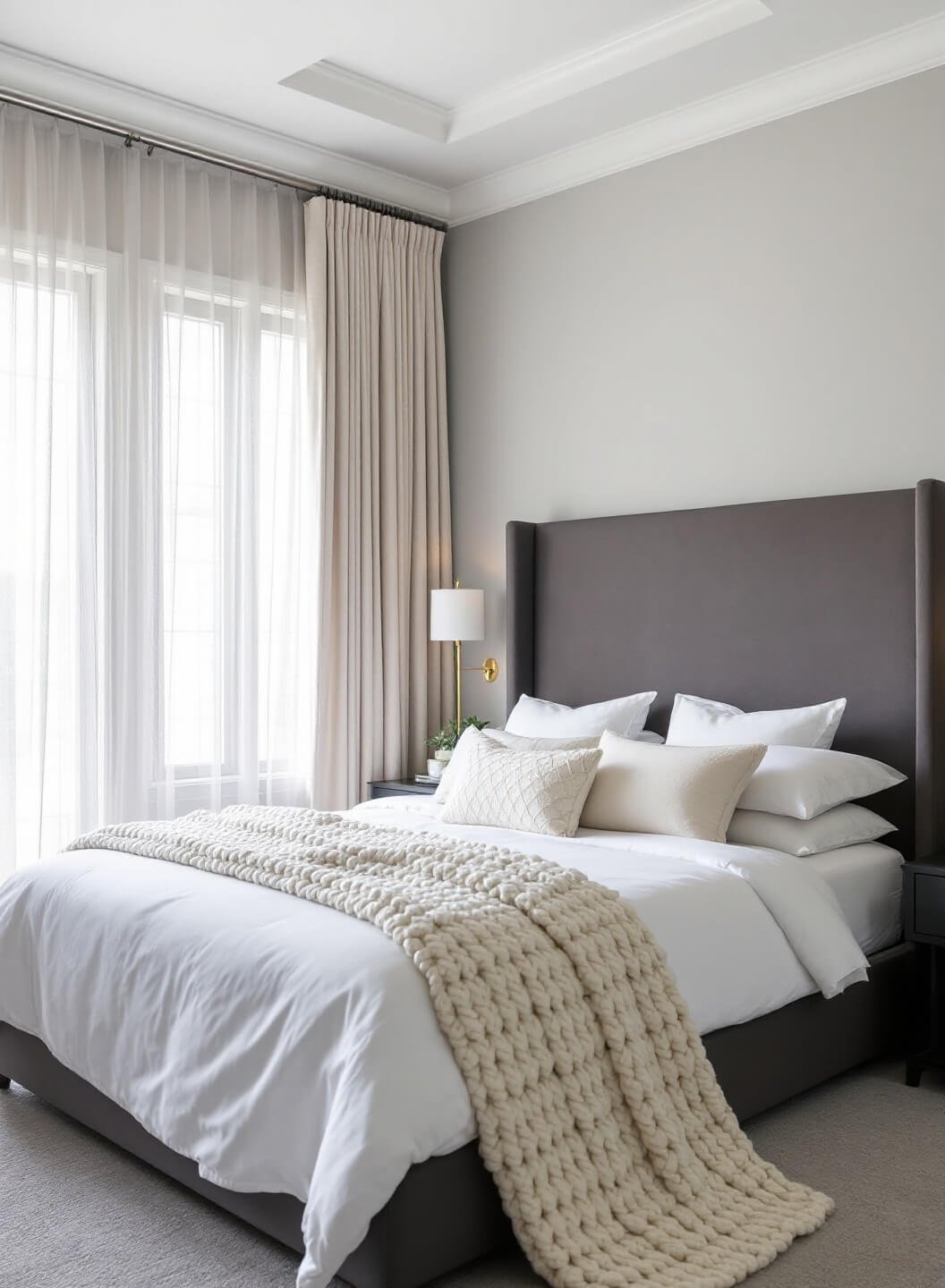 Spacious modern bedroom with a tray ceiling, slate velvet headboard, gray walls, white cotton bedding, ivory knit throw, and soft bedside lighting.