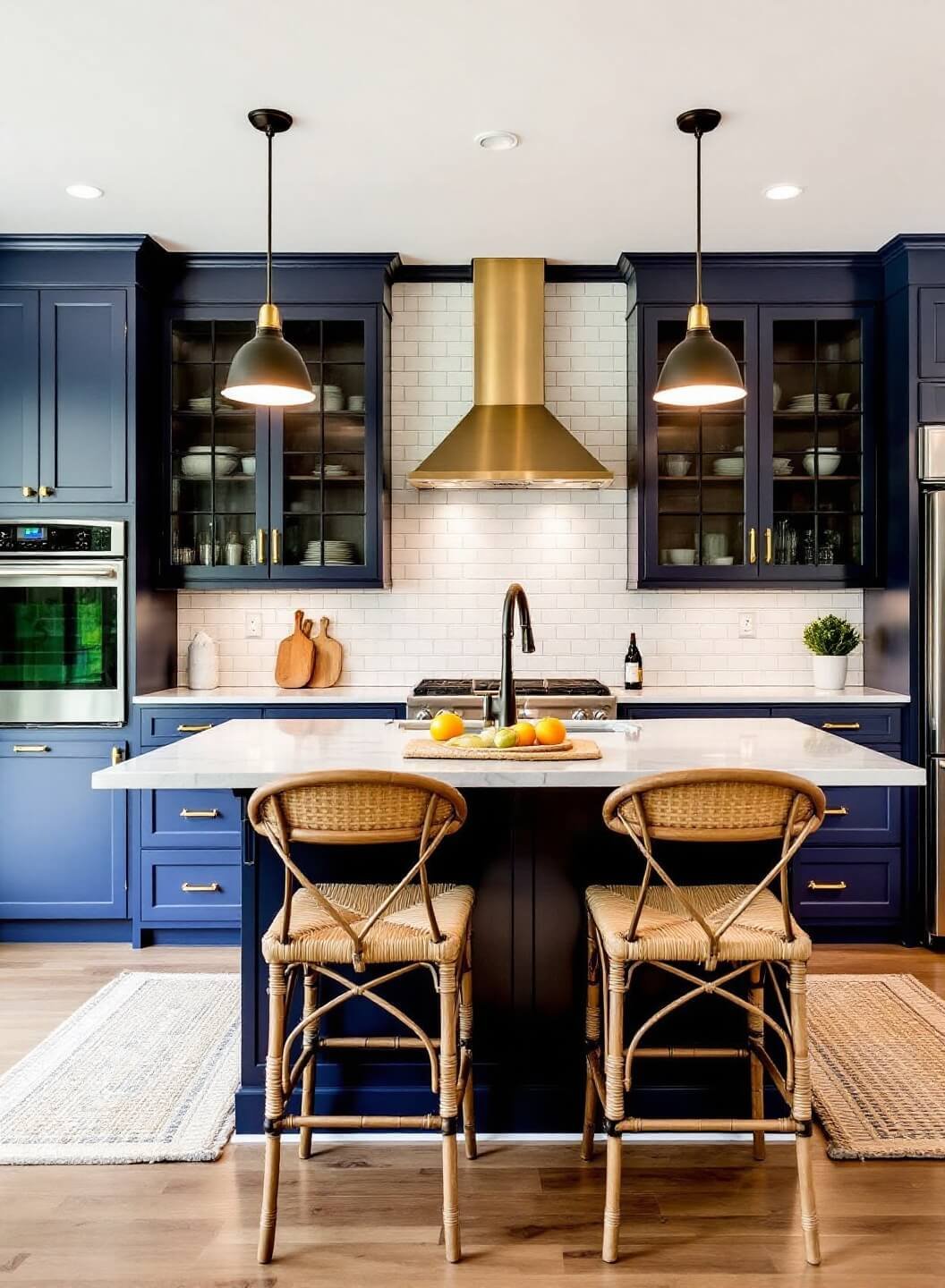 Transitional kitchen with warm overhead lighting, marble countertops, subway tile backsplash, matte navy lower cabinets with brass hardware, surrounded by natural fiber runners and rattan barstools.