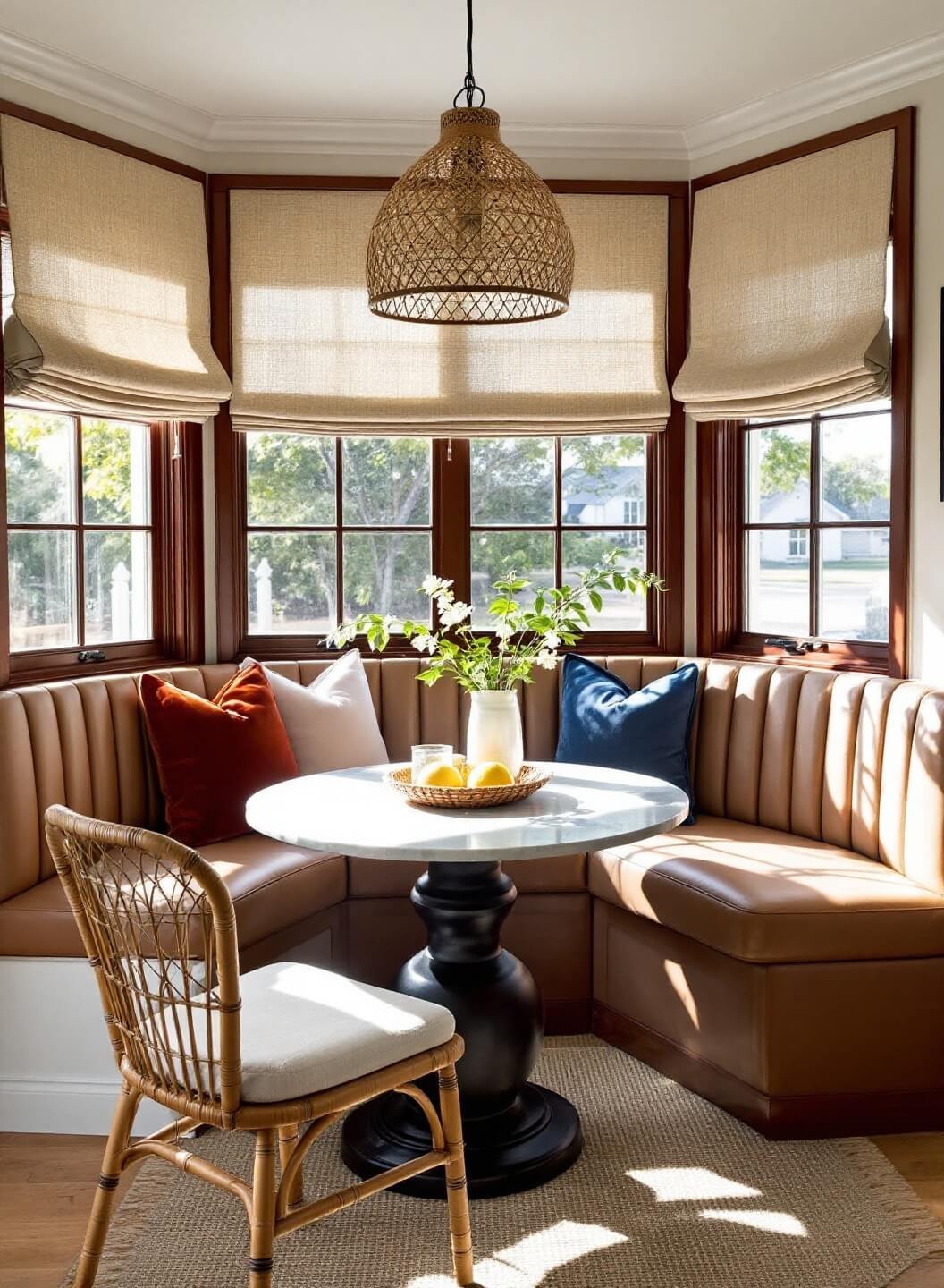 Sunny breakfast nook featuring a built-in leather banquette, marble table, rattan chairs, and woven pendant light, accentuated by natural roman shades and various textured pillows.