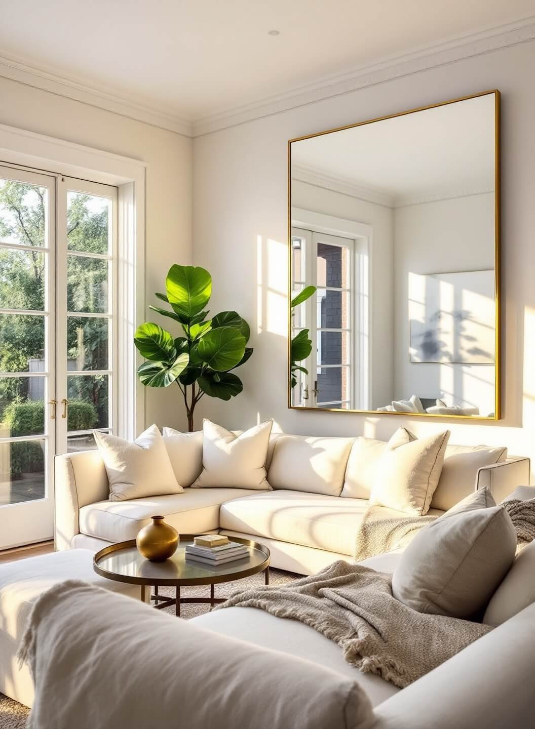 Sun-drenched contemporary living room with high ceilings, French doors, oversized mirror, white linen sofas, and brass accents reflecting an outdoor garden.