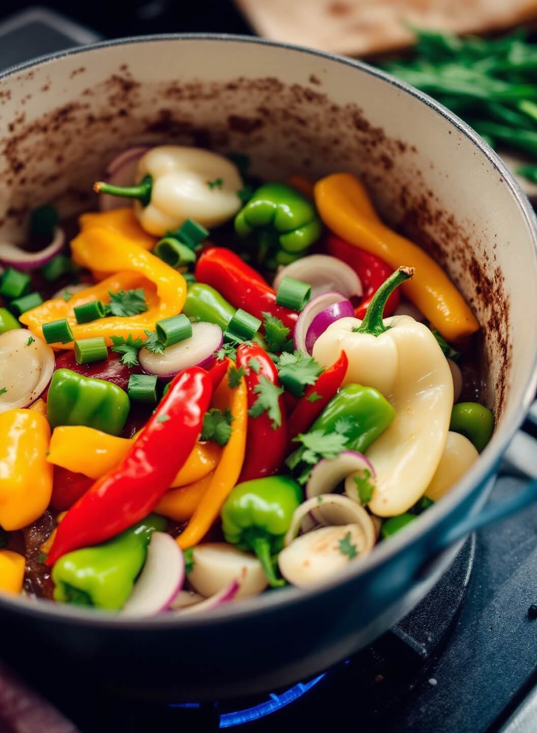 Colorful bell peppers and onions sautéing in a pot with beef drippings in a warm kitchen atmosphere