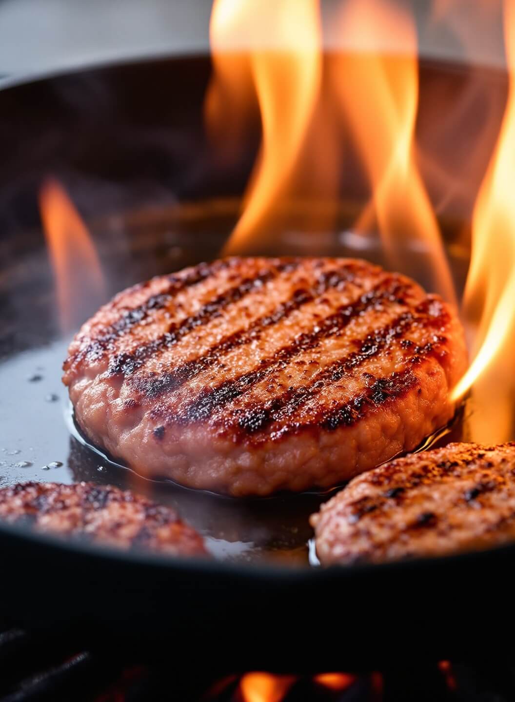 Searing burgers cooking in a cast iron skillet, flames rising dramatically, with smoke wisping upward and patties developing a golden-brown crust