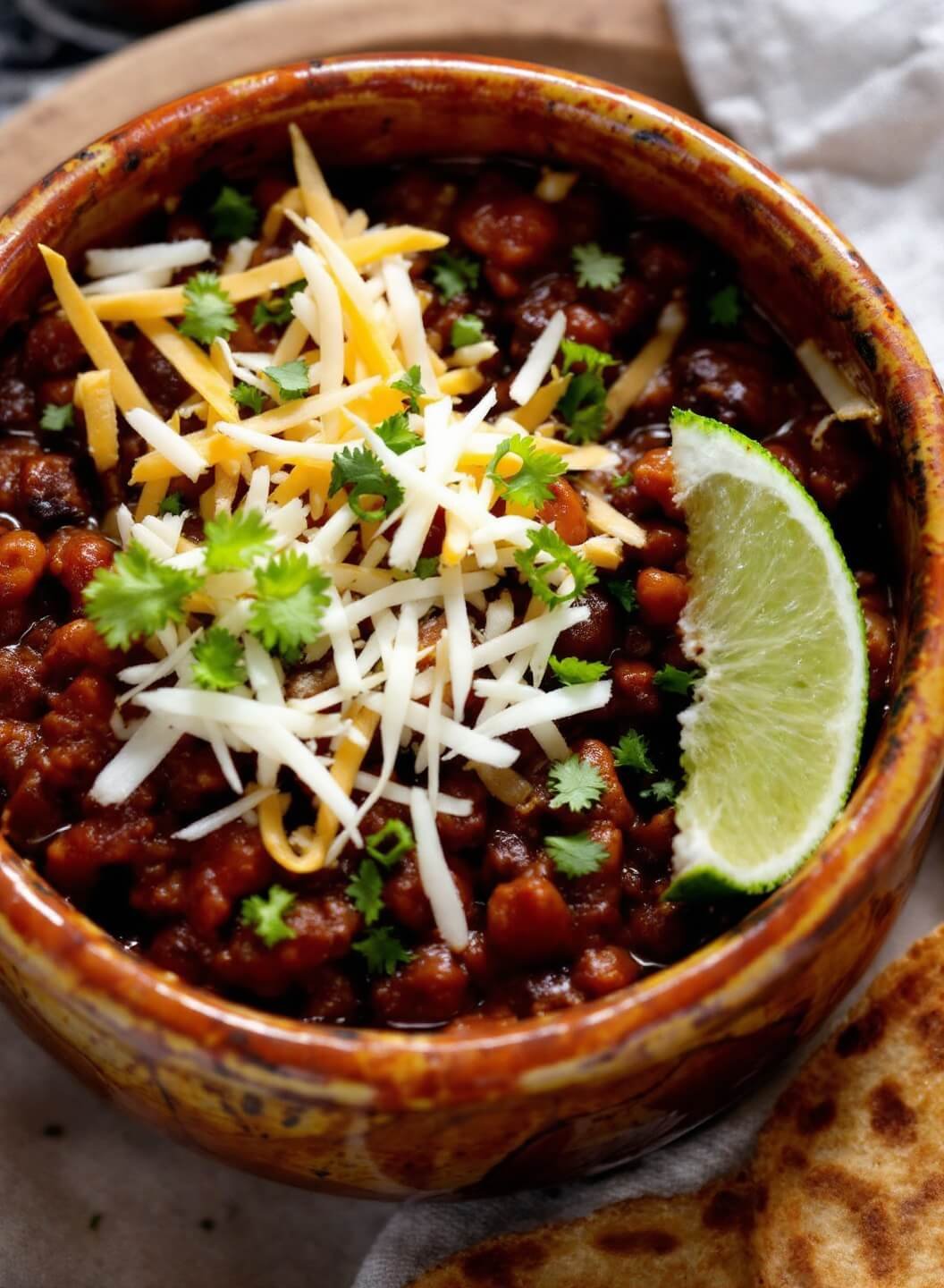 Restaurant style chili bowl garnished with melted cheese and fresh herbs in a rustic ceramic bowl
