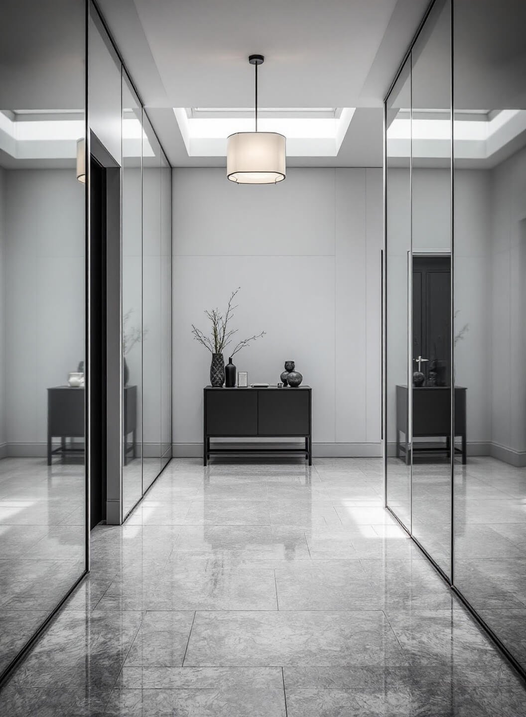 Minimalist entryway featuring geometric mirror panels, matte black console table, architectural pendant light, and limestone flooring with morning light streaming through transom window