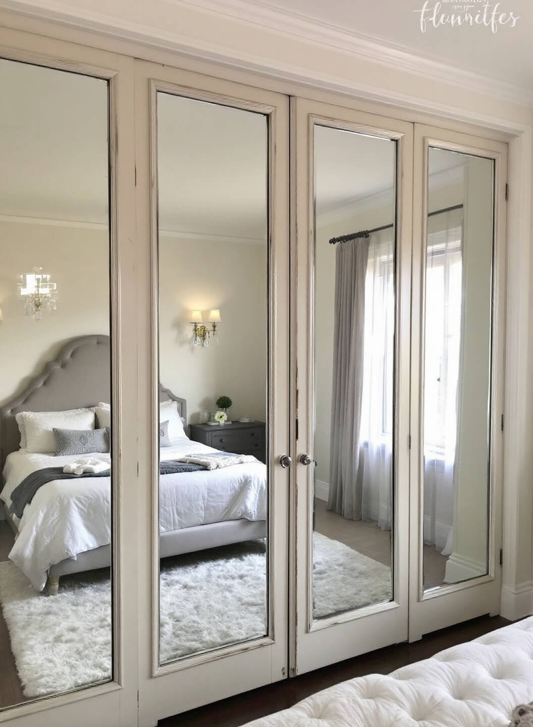 Cozy master bedroom with vintage French mirrored doors, cream walls, tufted headboard, crystal sconces, and dawn light filtering through sheer curtains