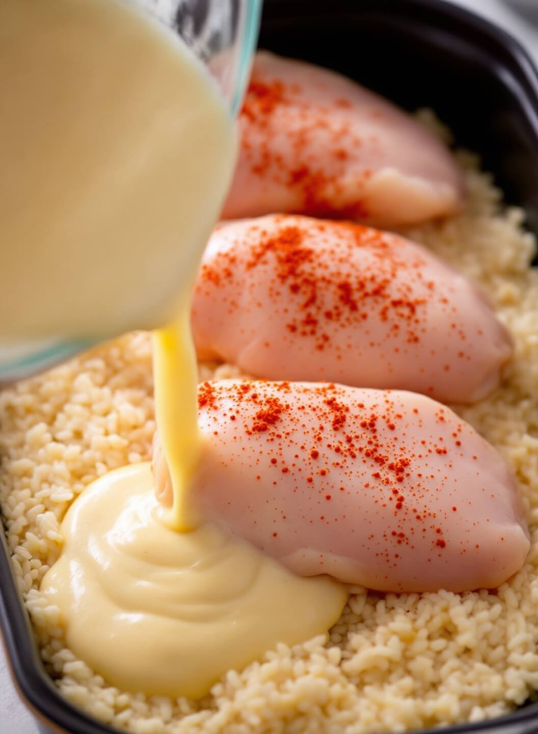 Pouring creamy rice mixture into a buttered baking dish, with raw chicken breasts on top sprinkled with paprika and pepper