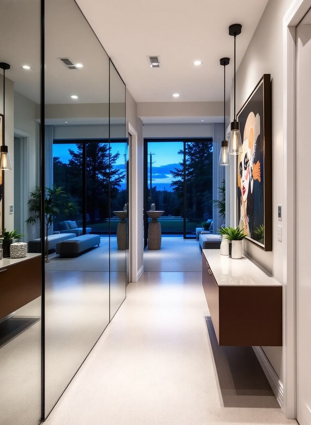 Modern hallway with full-wall mirror opposite window wall, featuring floating console, modern art, and pendant lights, shot during blue hour with mixed lighting for one-point perspective view