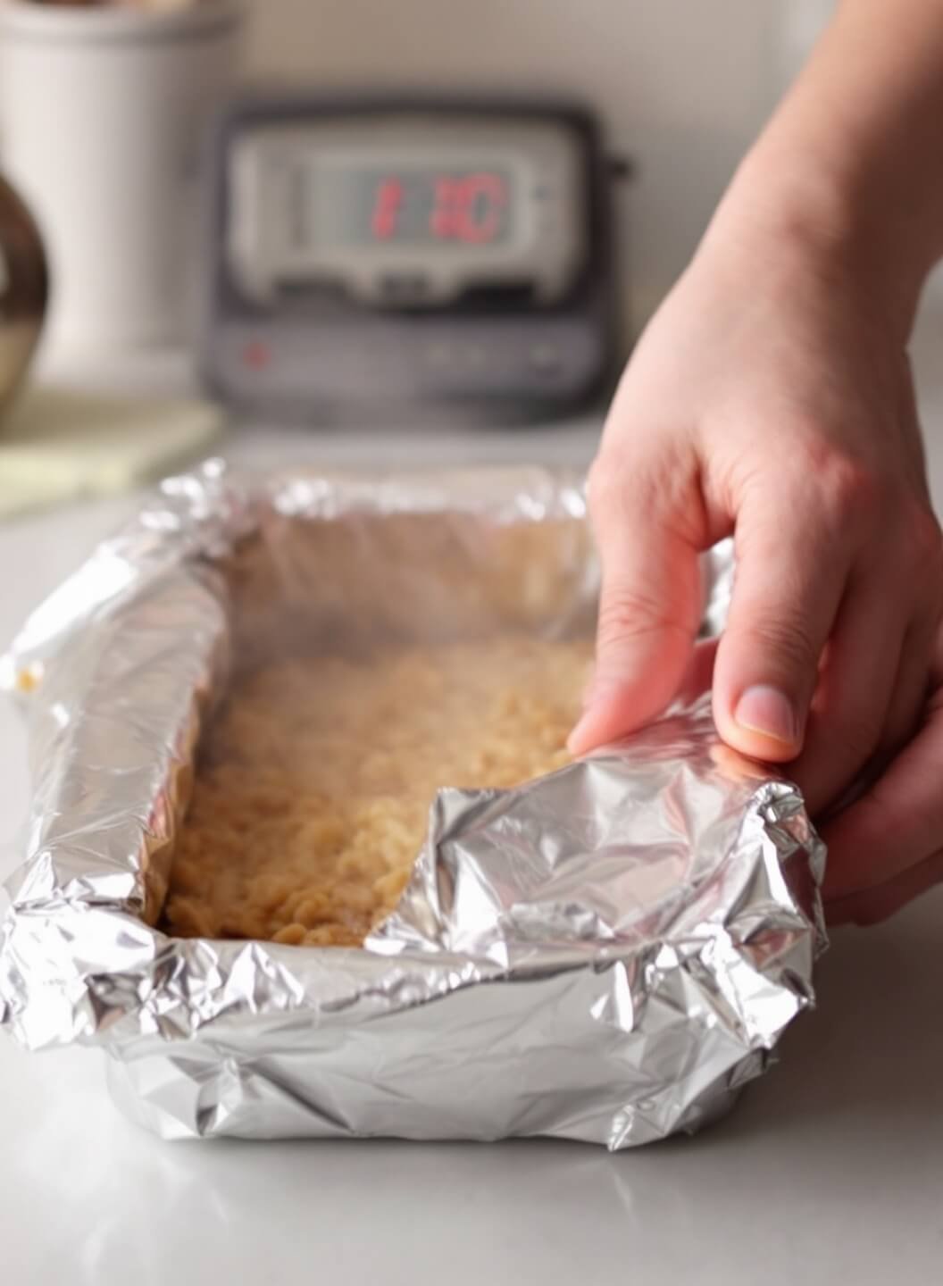 Hands crimping aluminum foil around a hot casserole with steam rising, kitchen timer in the background showing 1:00