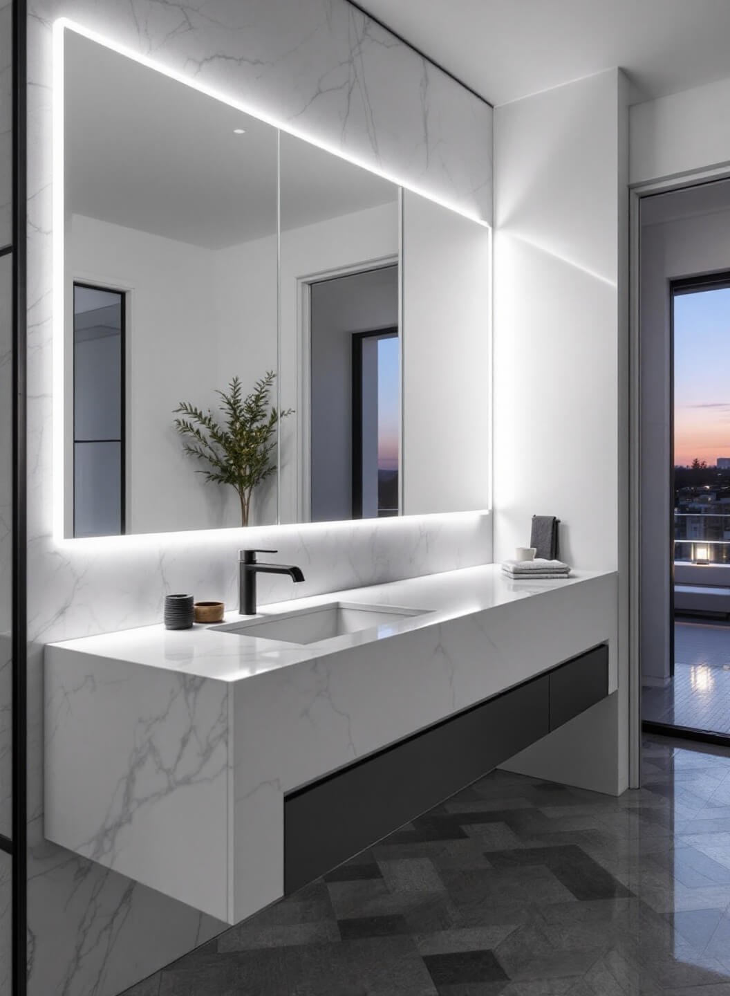 High angle view of contemporary bathroom at twilight, with frameless mirror, white marble floating vanity, matte black fixtures, and geometric tile floor reflecting LED lighting