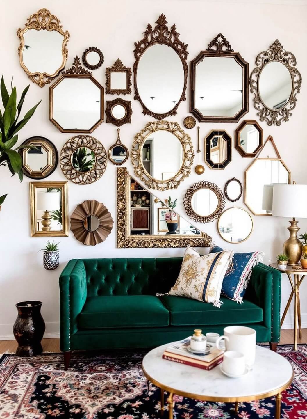 Low angle shot of a bohemian-style living room having an emerald velvet sofa, Persian rug, mixed metallic frame vintage mirror collection arranged gallery-style and brass elements under golden hour lighting.