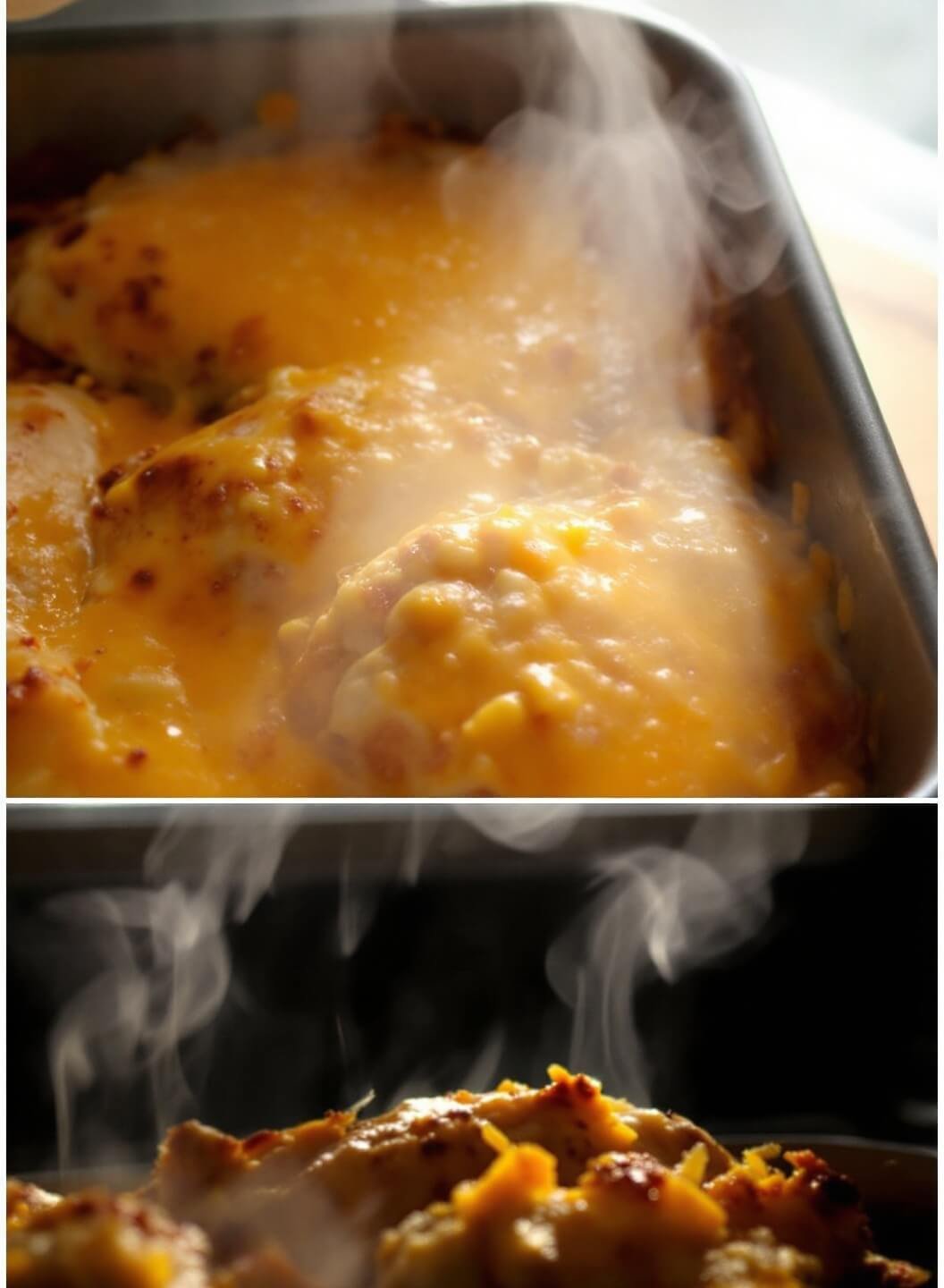 Chicken casserole with melted cheddar cheese bubbling under golden sunlight streaming through the kitchen window, creating patches of caramelization and wisps of steam.