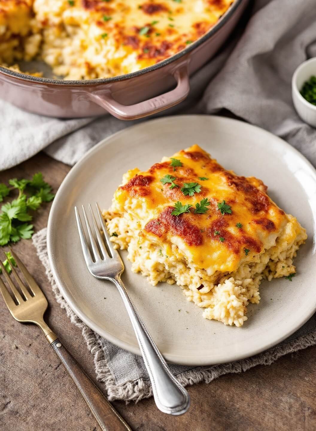 Casserole with layers of chicken, cheese, and rice on a ceramic dish garnished with fresh herbs, placed on a rustic wooden table under warm lighting