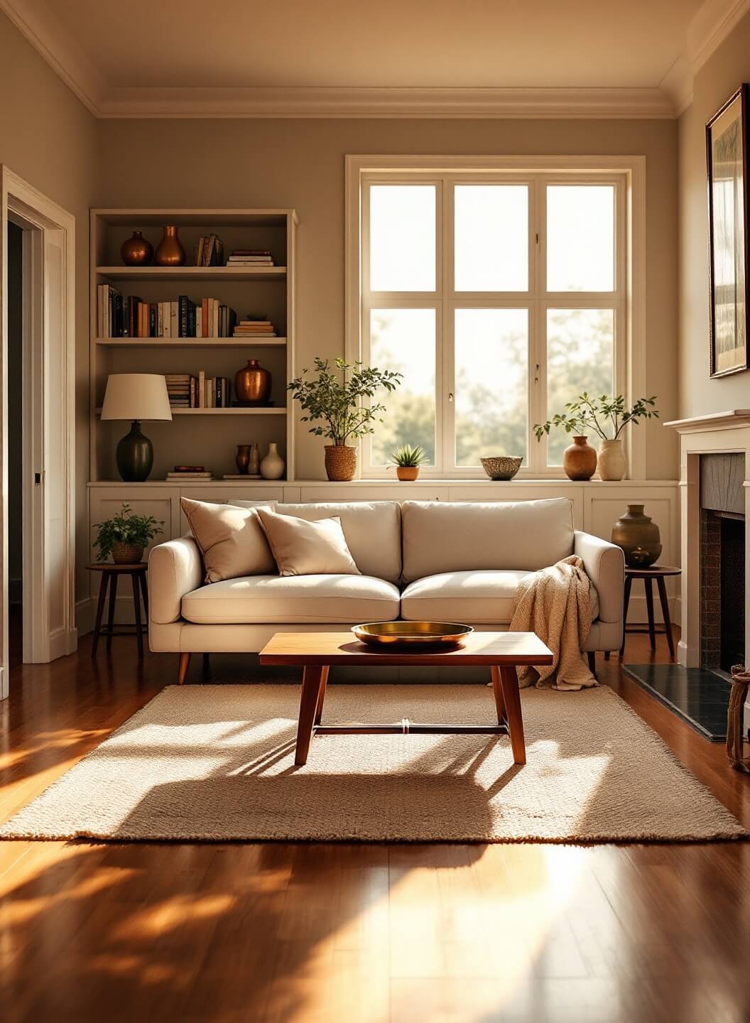 Spacious and decluttered living room bathed in golden hour sunlight, featuring a modern oatmeal linen sofa, minimalist walnut coffee table with brass tray, built-in shelves with copper vessels and vintage books, and warm-toned table lamps on bare side tables with oak floors reflecting light and strong diagonal shadows emphasizing architectural details.