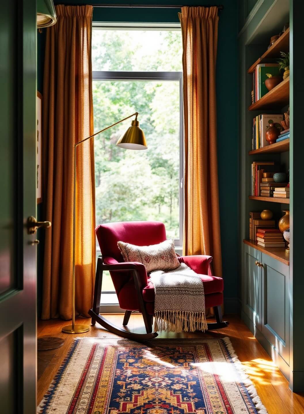 Intimate reading nook with burgundy velvet chair, green wall, bronze curtains, brass lamp, and bookshelf full of leather-bound books, illuminated by warm afternoon light.