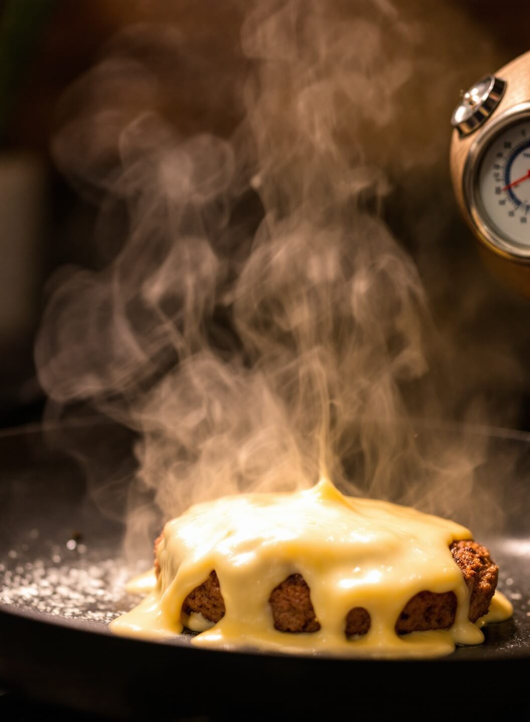 Golden cheese melting on a sizzling patty with steam rising, under rich evening kitchen lighting, with a thermometer showing the perfect temperature