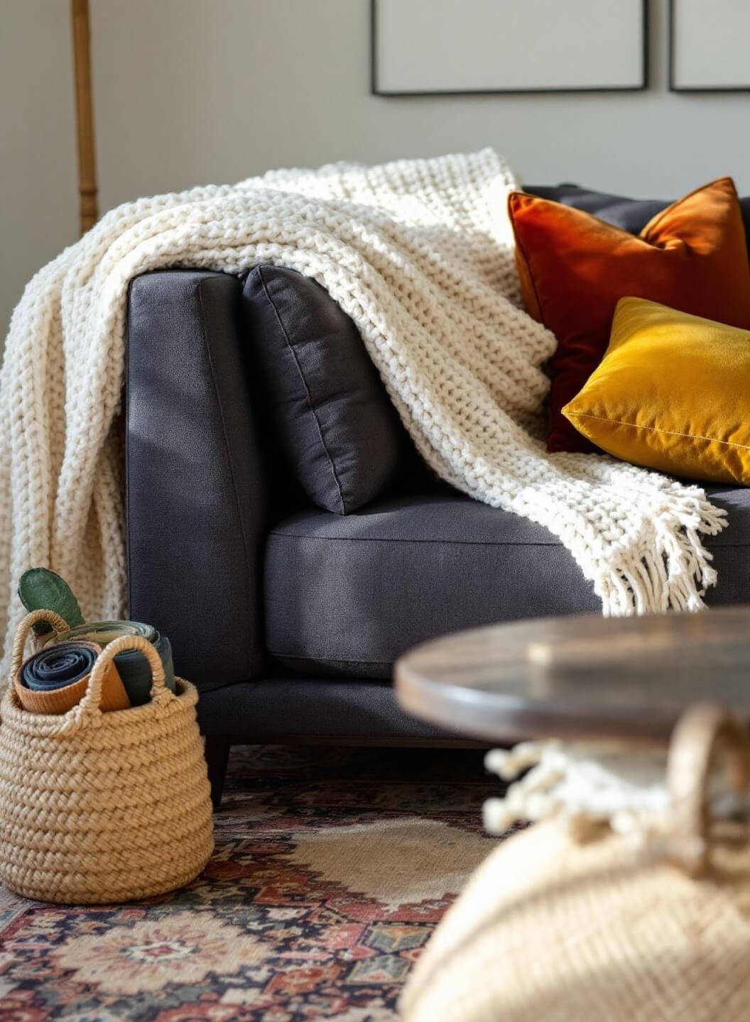 Wide-angle view of spacious living room with cream knit throw over charcoal linen sectional, velvet pillows in rust, olive and gold, rattan basket with blankets, and layered rugs in afternoon light