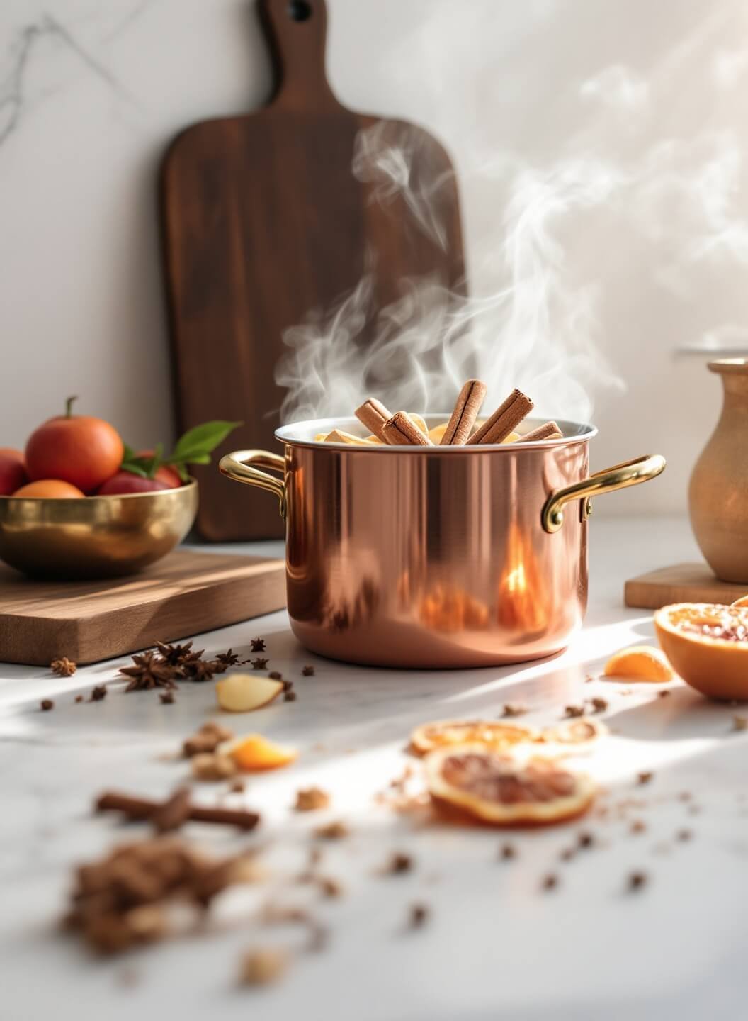 Close-up of a copper pot simmering with cinnamon sticks and apple peels on a white marble counter, with steam highlighted in morning sunlight. Styled with whole spices and dried orange slices in an antique brass bowl and a dark walnut cutting board in the background.