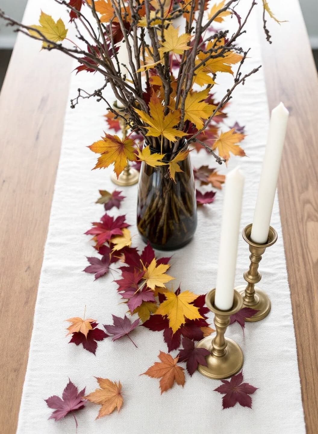 Foraged branches in smokey glass vase on weathered oak table with brass candlesticks, scattered burgundy and gold maple leaves, on a natural flax linen runner in diffused afternoon light