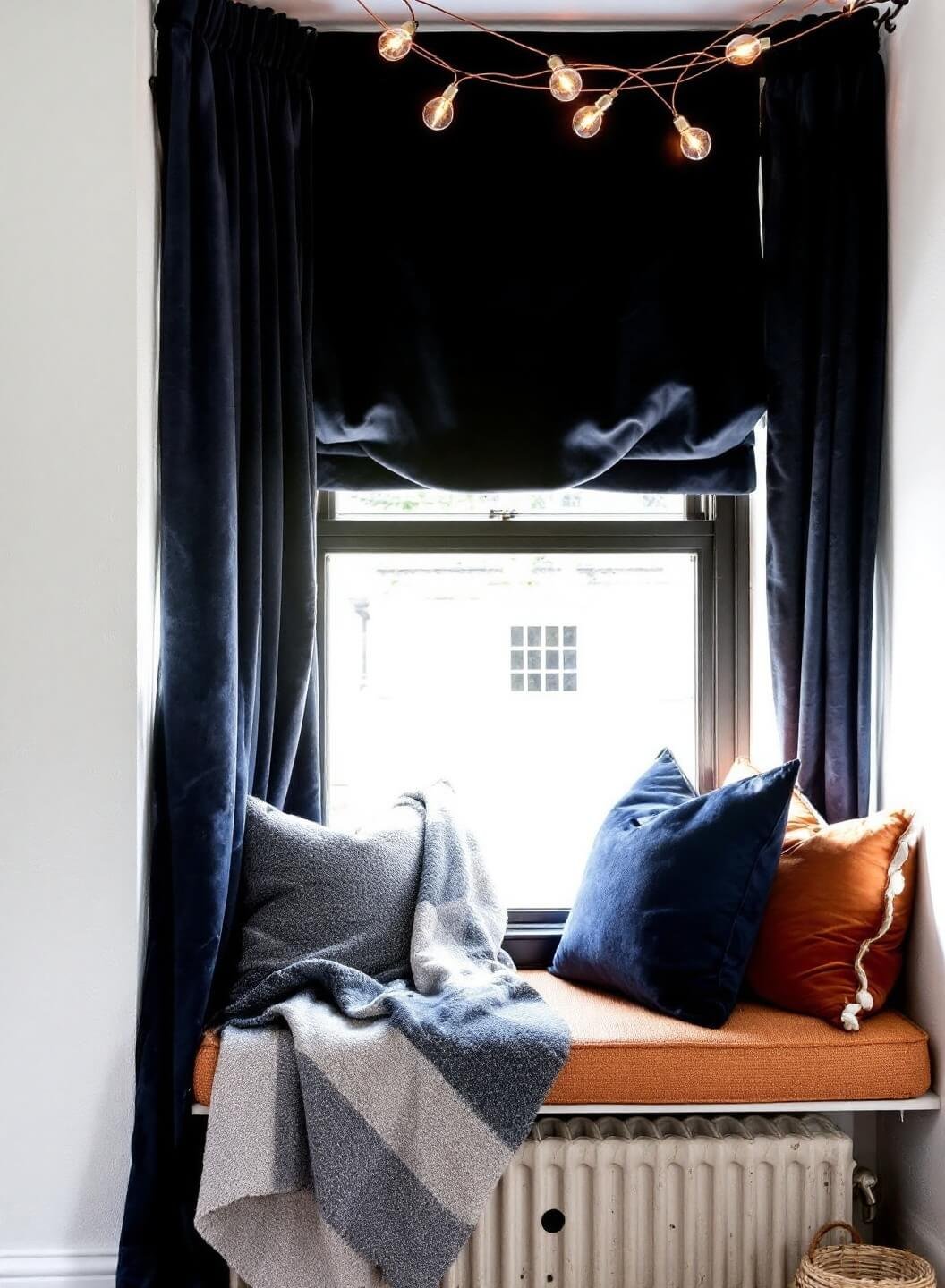 Cozy bay window nook with navy blue velvet drapes, vintage radiator, wool throw, burnt orange velvet pillows, and woven cushion with copper wire lights and dramatic side lighting