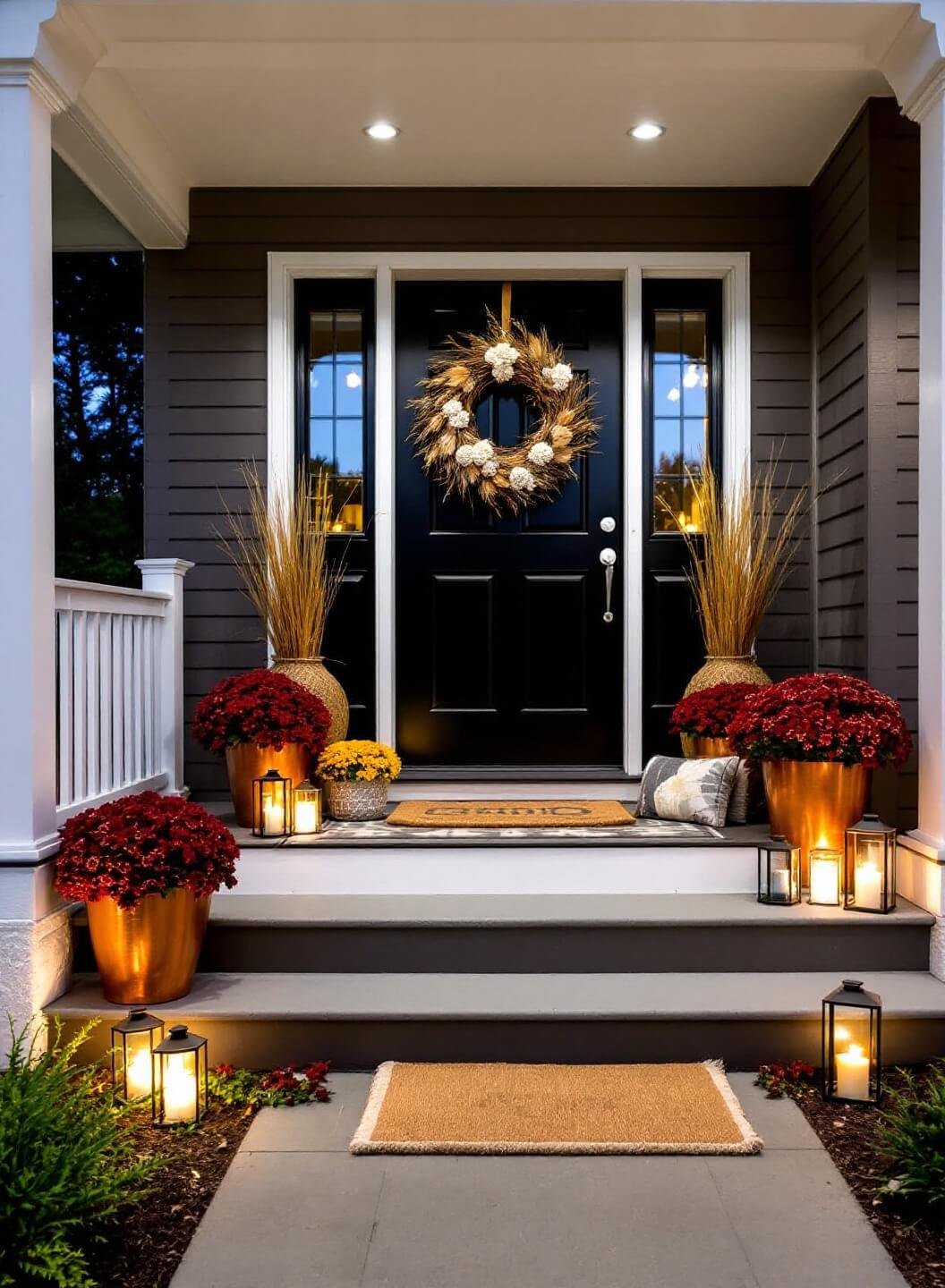 Welcoming front entry at dusk with oversized grapevine wreath on black door, copper planters with burgundy mums, layered doormats, and glowing lanterns under blue hour ambient light