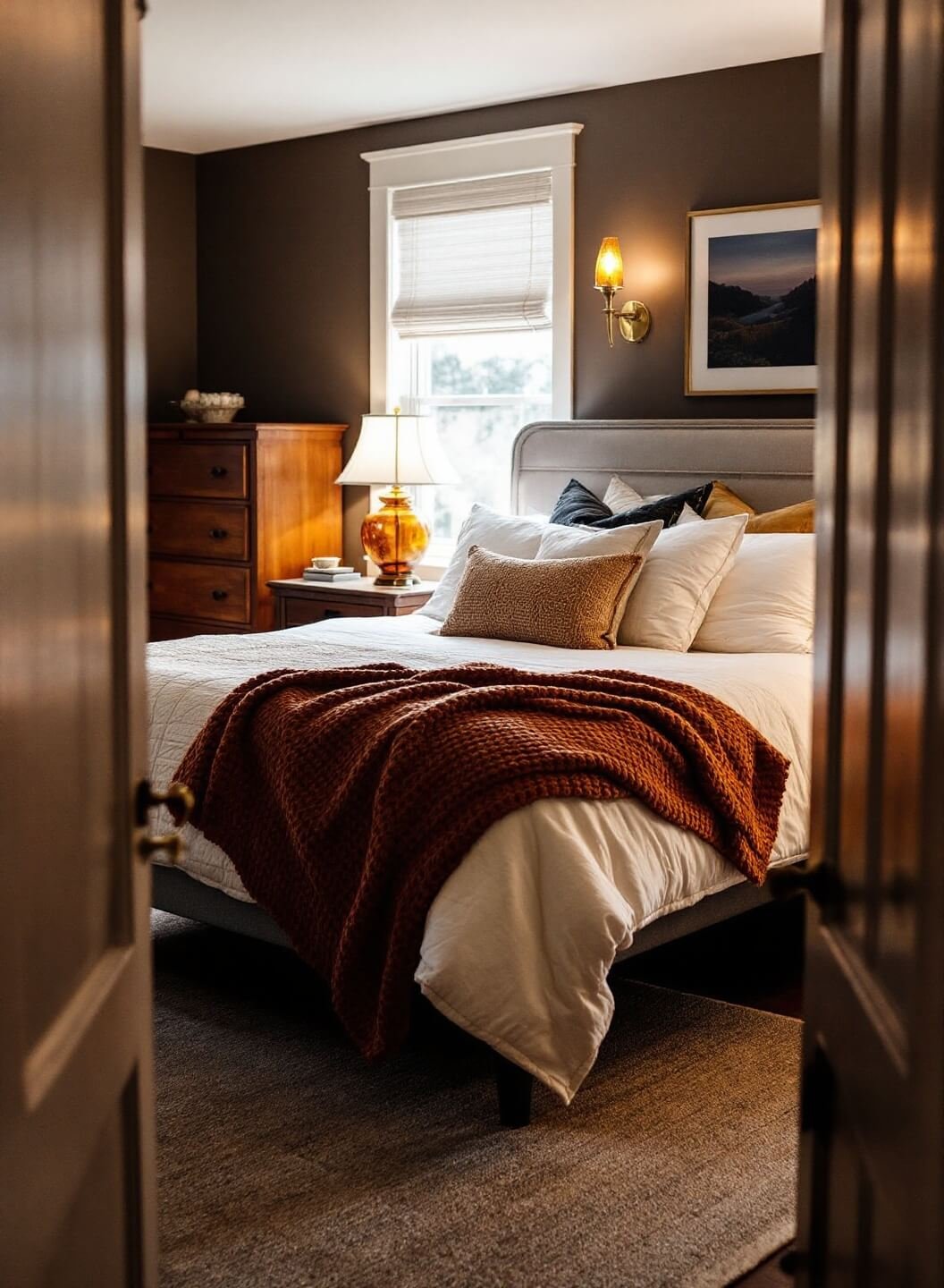 Master bedroom featuring a king bed with cream flannel sheets and vintage quilt, accentuated by moody evening lighting, brass sconces, walnut side tables, and amber glass lamps.